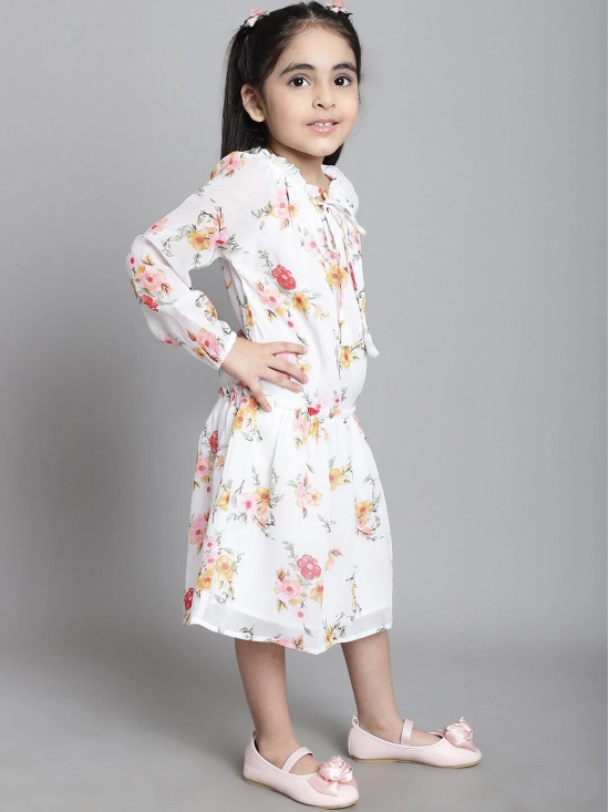 MINI & MING Girls Floral Print Tie-Up Neck Puff Sleeve A-Line Dress