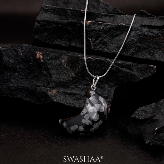 Snowflake Obsidian Crescent Mens Chain Pendant | Natural Stone-Silver