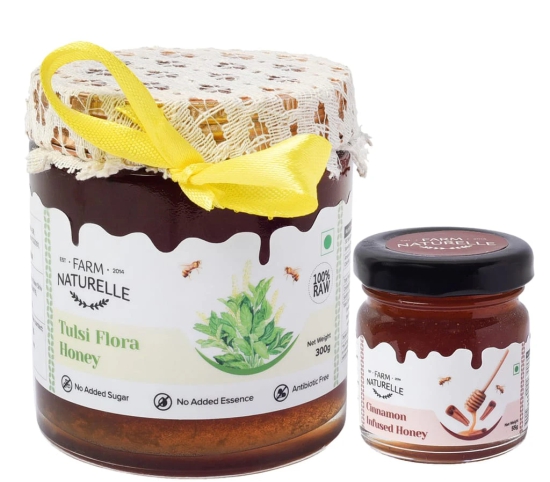 Farm Naturelle Tulsi Forest Flower Wild Honey 300gm|100% Pure Honey | Raw & Unfiltered|Unprocessed|Lab Tested Honey In Glass Jar with Engraved Virgin Wooden Spoon