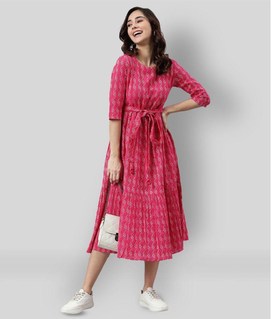 Janasya - Pink Cotton Womens Fit & Flare Dress ( Pack of 1 ) - None