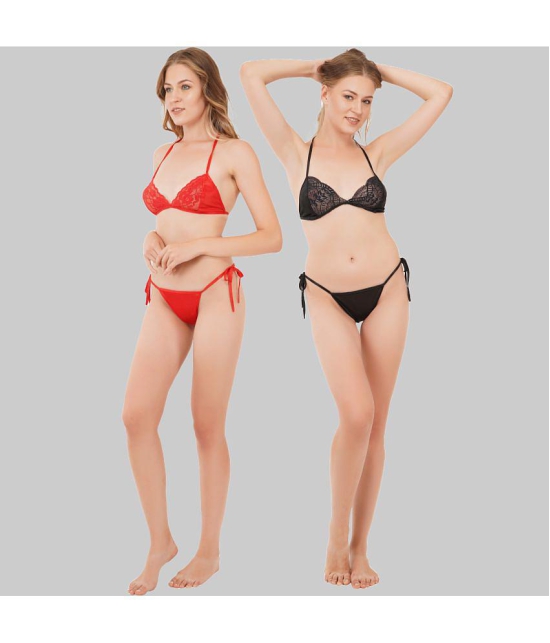 SELETA - Red Assorted Cotton Lycra Women's Bra & Panty Set ( Pack of 2 ) - None