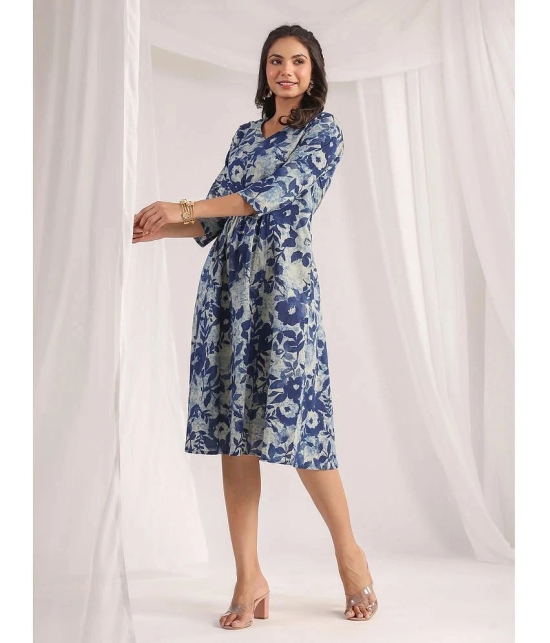 Janasya Cotton Printed Knee Length Womens A-line Dress - Indigo ( Pack of 1 ) - None