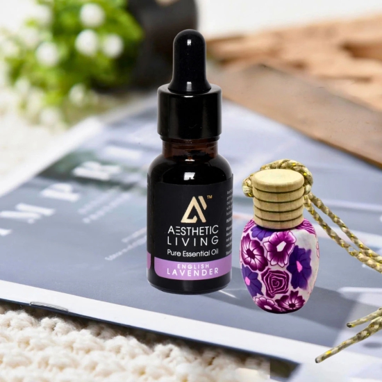 Aesthetic Living Floral Car Aromatizer/ Diffuser Bottle with Essential Oil (Multi Shape Floral-8 ml+ English Lavender Essential Oil, 15 ml)