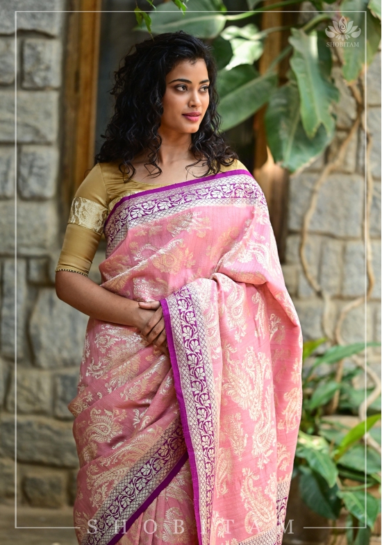 Lotus Pink and Plum Tussar Georgette Silk Saree | SILK MARK CERTIFIED | Shobitam Saree