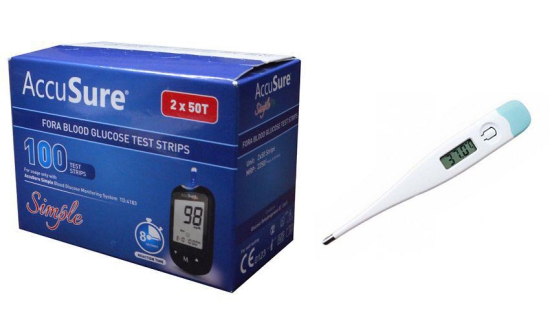 Accusure simple 100 strips+ digital thermometer Expiry March 2024