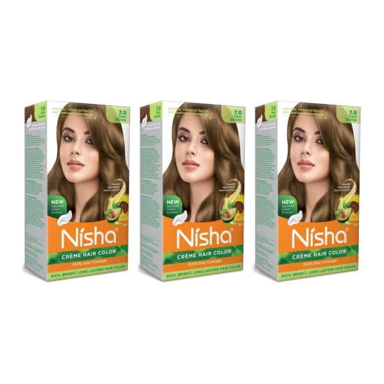 Nisha Creme Hair Color 7.0 Dark Blonde 120g Pack of 3, Permanent Hair Colour for Long Lasting Hair, 100% Grey Coverage