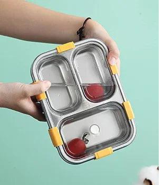 Thermal Insulation 3 Compartment Lunch Boxes Reusable Microwave Freezer Safe Stainless Steel Portion Snack Containers for Adults and Kids(Pack of 1)