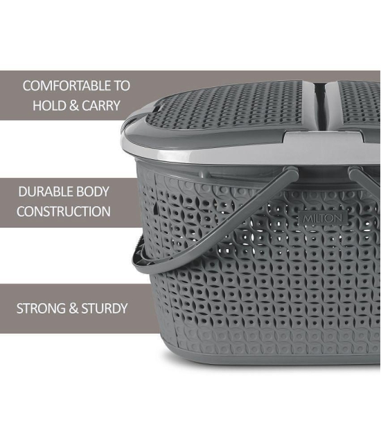 Milton Pluto Picnic Basket with Two Side Opening Lid and with Handles, 1 Piece, (49.1 x 37.8 x 30.6 cms) Grey| Multipurpose | Toy | Clothes | Shopping | Accessories | Easy to Carry