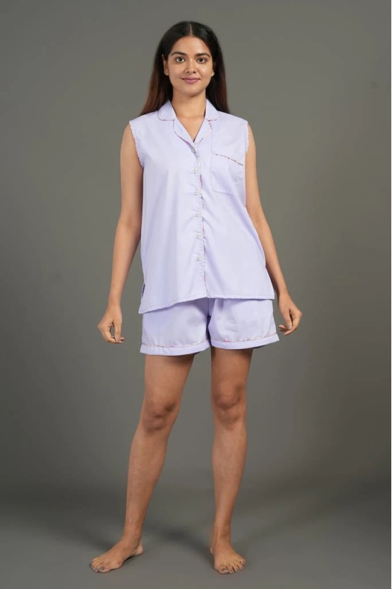 BREATHABLES Women Cotton Nightsuit Shirt and Shorts Co-ord Set Sleeveless Notched Collar Comfort Loose Fit Lavender(Night Wear | Co-ord set | Lounge Wear Set)