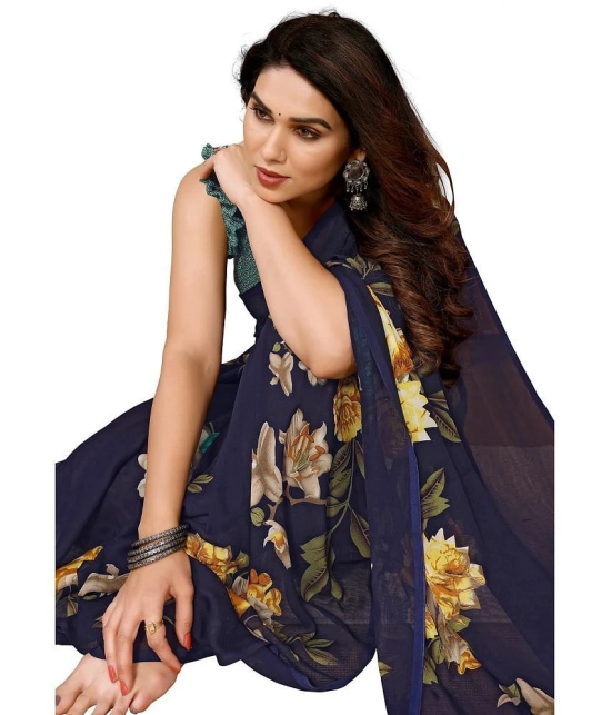 Anand Georgette Printed Saree With Blouse Piece - Navy Blue ( Pack of 1 ) - Navy Blue