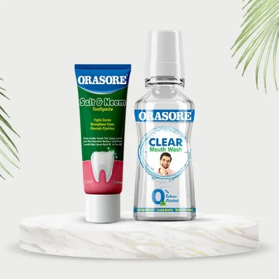 Orasore Salt & Neem Duo | Gum Strengthening Toothpaste 100g & Clear Mouthwash 250ml | Fights Pyorrhea, Whitens Teeth & Stops Dental Pain | Zero Color & Zero Alcohol Mouthwash | Free Bamboo Toothbrush