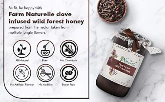 Farm Naturelle-Real Clove Infused Wild Forest Honey |1000gm+150gm Extra and a Wooden Spoon | 100% Pure, Raw Natural - Un-Processed - Un-Heated Honey | Lab Tested Clove Honey in Glass Bottle.