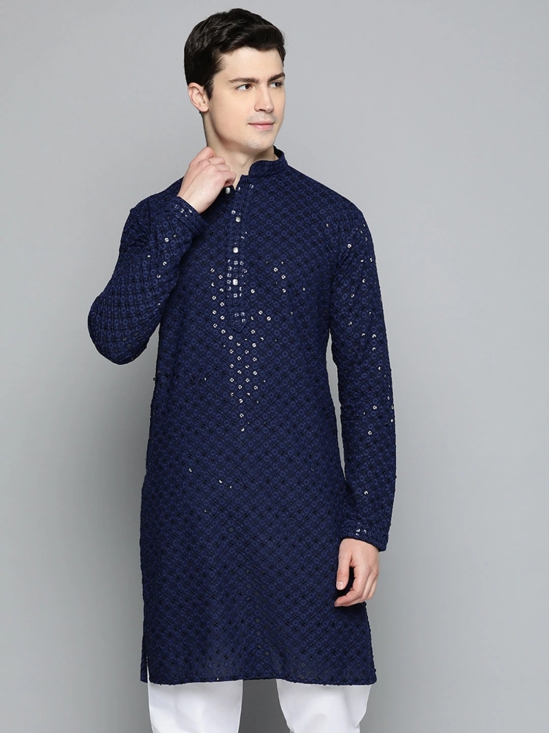 Men Navy Blue Chikankari Embroidered and Sequence Kurta Only-M / Navy-Blue