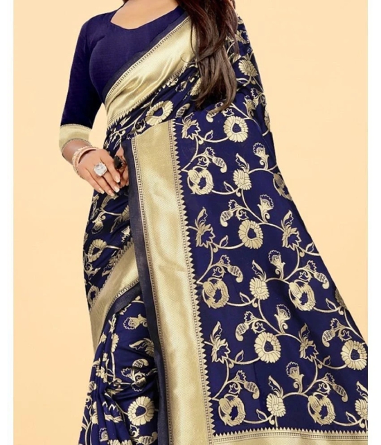 Gazal Fashions - Navy Blue Banarasi Silk Saree With Blouse Piece ( Pack of 1 ) - Navy Blue