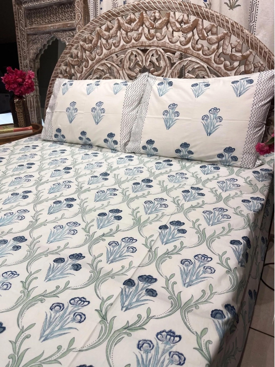 Hand Block Cotton Bedsheet | Lily Blue Bedsheet-King