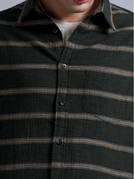 Premium Men Shirt, Relaxed Fit, Yarn Dyed Stripes, Pure Cotton, Full Sleeve, Olive-L / Olive Green