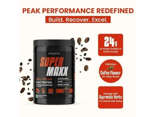 Ayuvya Super Maxx Ayurvedic Plant Protein || Elevate Your Fitness Journey | 100% Ayurvedic Ingredients for Muscle Growth, Recovery, and Overall Well-Being | Coffee Flavoured l 24gms Protein per Serving, 250gm