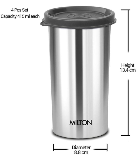 Milton Stainless Steel Tumbler with Lid Set of 4, 415 ml Each, Assorted (Lid Color May Vary) | Office | Gym | Yoga | Home | Kitchen | Hiking | Treking | Travel Tumbler - Assorted