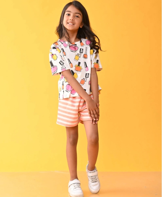 NAIL PAINT PEACH STRIPED GIRLS SHORTS SET - WHITE/PEACH-7-8 YEARS / 2N / Multi