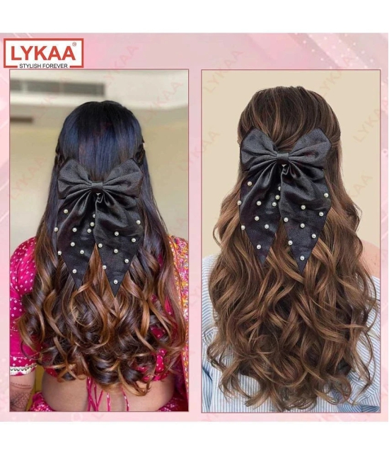 Lykaa Large Satin Hair Bow with Pearls Longtail Clips Hair Accessories for Women -1 Pcs (Multicolor) - Black