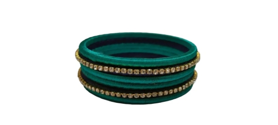 Green Silk Thread Bangle Set with Rhinestone and Black Beads