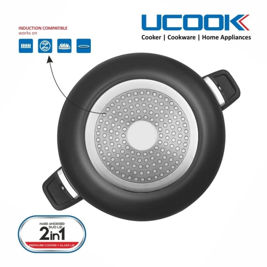 UCOOK By UNITED Ekta Engg. Hard Anodised Duo Lid 2 in 1 Induction Base 3 Litre Handi Shape Multipurpose All in one Outer Lid Pressure Cooker, Black