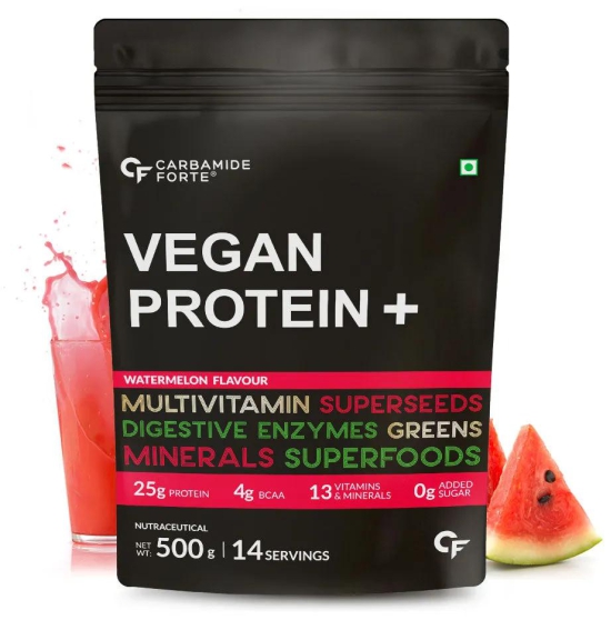 Carbamide Forte Vegan Protein Powder - Plant Based Pea Protein Powder with Multivitamin, Minerals, Superfoods, Digestive Enzymes - Watermelon Flavour - 500g