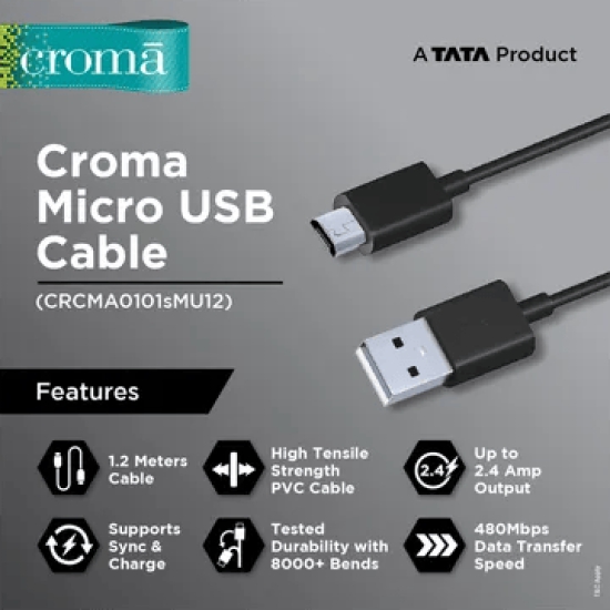 Croma Type A to Micro USB 3.9 Feet (1.2M) Cable (Sync and Charge, Black)