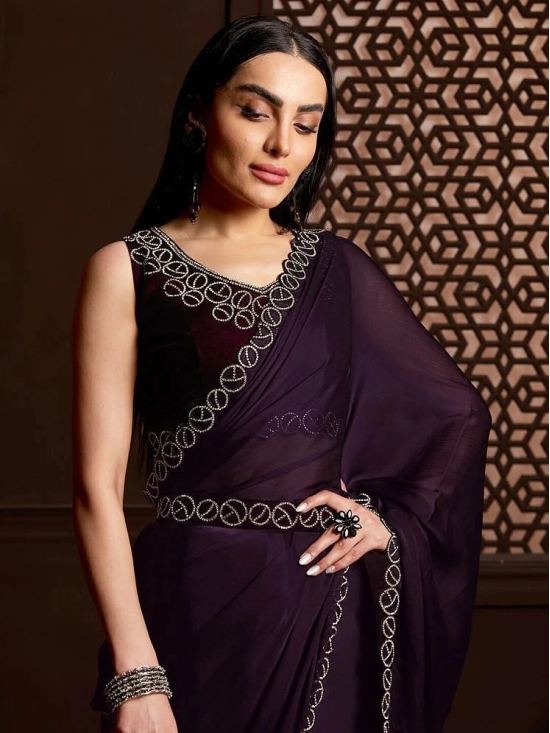 Gazal Fashions Satin Embellished Saree With Blouse Piece - Purple ( Pack of 1 ) - Purple