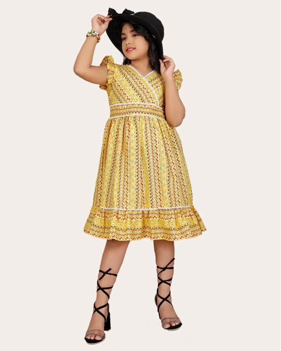 Girls Cotton Unique Design Printed Knee Length A-Line Dress-Yellow / 8 - 9 Years