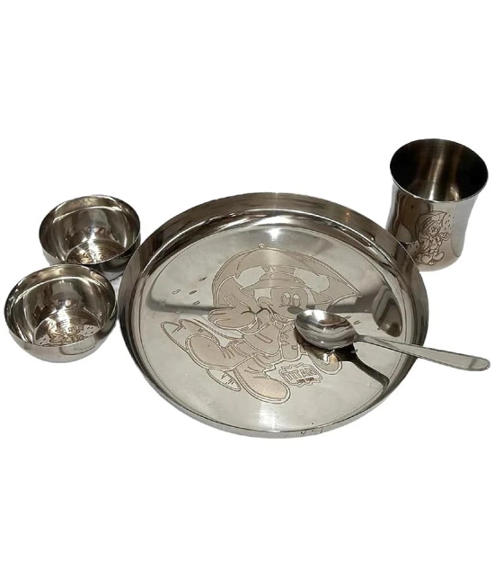 Dynore Lasered Dinner Set for Kids Silver Stainless Steel Dinner Set ( Pack of 5 ) - Silver