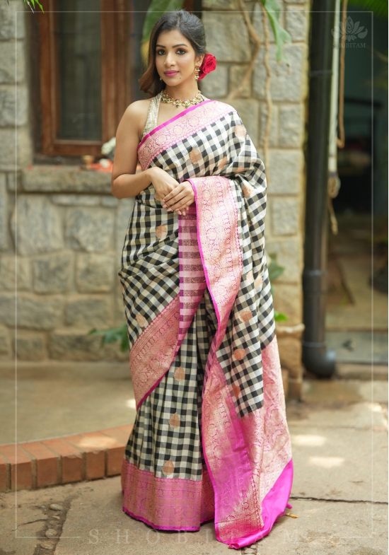 Pure Katan Silk Banarasi Saree in Black and White Checks with Contrasting Pink Borders  | SILK MARK CERTIFIED