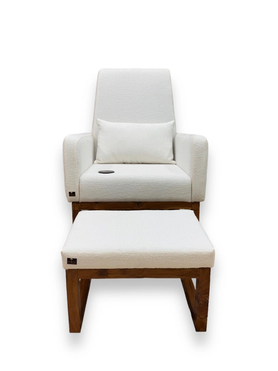 Wooden Twist Boucle Fabric Comfortable Cushion Nursery Rocking Chair with Ottoman-White