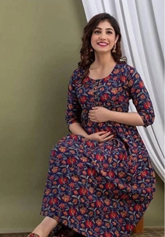 Women Floral Print Pure Cotton Anarkali Kurta  (Dark Blue)