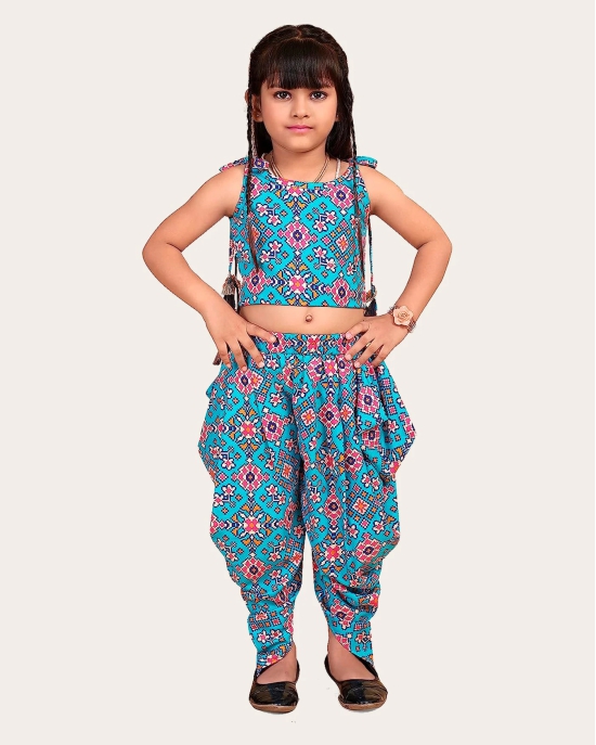 Girls Printed Stylish Flared Palazzo With Crop Top | Silk & Rayon Palazzo Set-Blue / 5 Years-6 Years