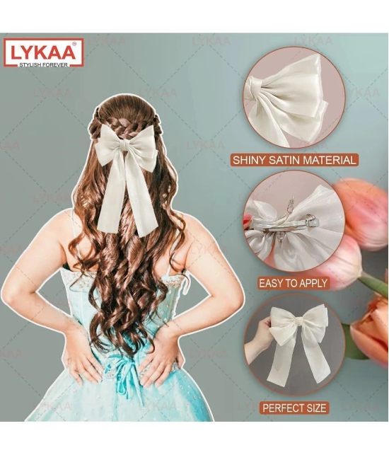 LYKAA Big Satin Layered Hair Bows Long Tail Ribbon Barrettes Clip for Women - Pack of 1 (White) - White