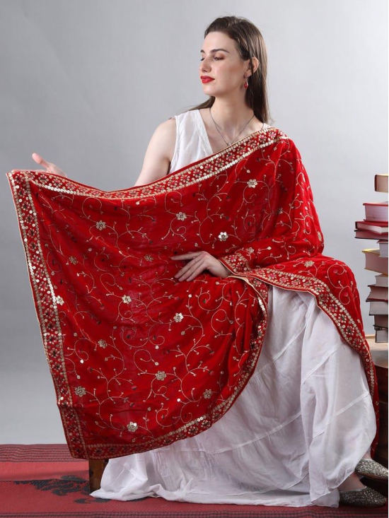 Red Zari Embroidered Bail With Sequinned Flowers and Multicolour Thread Kite On Velvet Dupatta From Amritsar