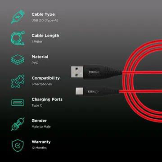 Croma Type A to Type C 3.3 Feet (1M) Cable (Dash & Warp Protocols, Red)