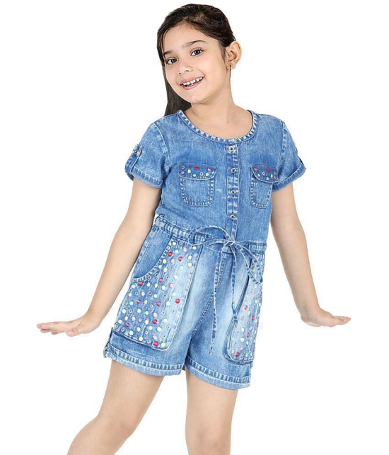 Naughty Ninos Girls Blue Denim Floral Emboidered Jumpsuit - None