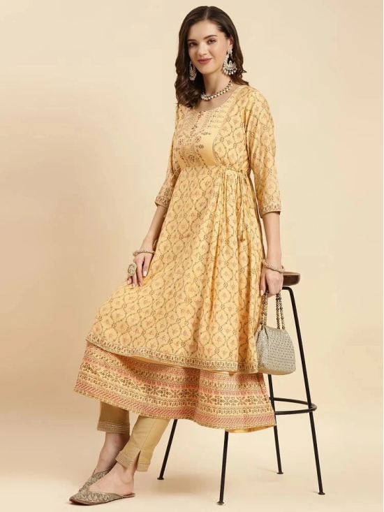 Rangita Women Yellow Silk Printed Calf Length Double Layered Kurti - None