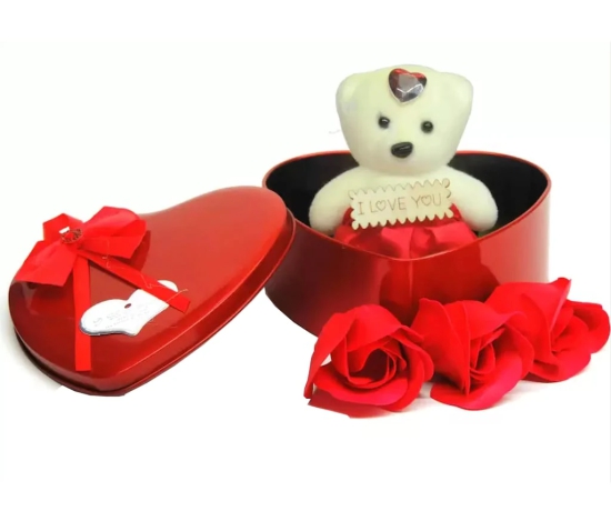 Teddy and Roses(3 Pieces Roses 1 Small Bear Doll)/ Heart Shaped Gift Tin Box containing Teddy and Roses with Love Message/Heart Shape Tin Box ( Red / Pink )