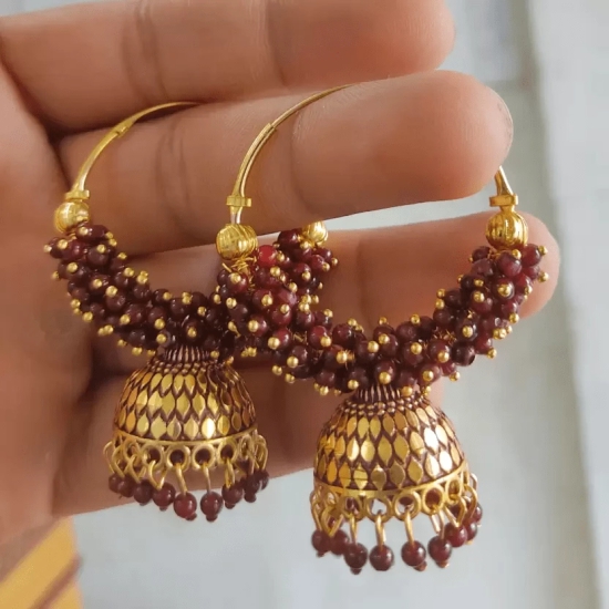 Bollywood style ethnic Maroon Color Oxidized Hoop Jhumka Earrings for Women Alloy Jhumki Earring, Drops & Danglers, Chandbali Earring, Earring Set