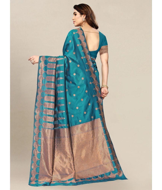 Om Shantam Sarees - Teal Banarasi Silk Saree With Blouse Piece ( Pack of 1 ) - Teal