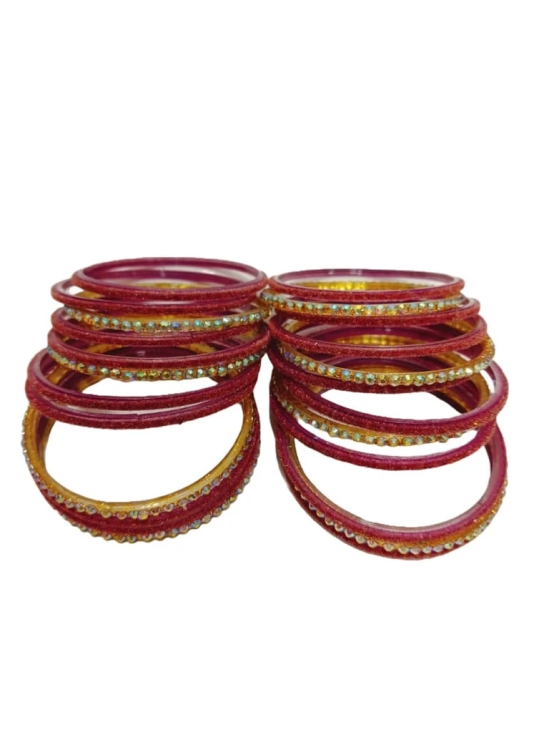 Set of 12 Maroon Glass Bangles with Rhinestones