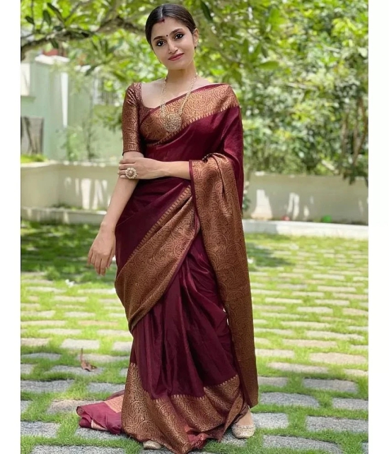 Gazal Fashions Banarasi Silk Embellished Saree With Blouse Piece - Maroon ( Pack of 1 ) - Maroon