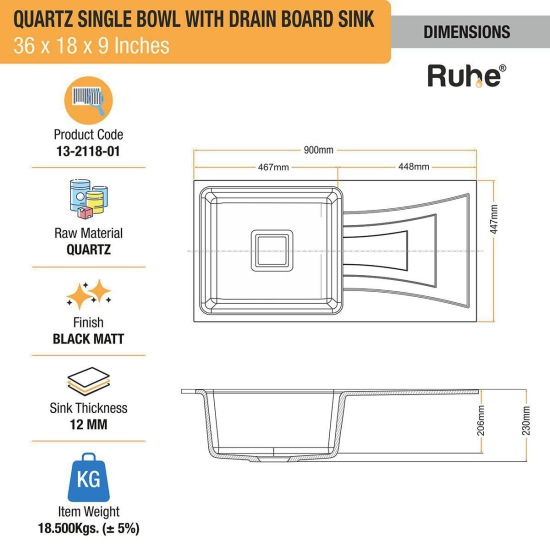 Quartz Single Bowl Black Kitchen Sink with Drainboard (36 x 18 x 9 inches) - by Ruhe®