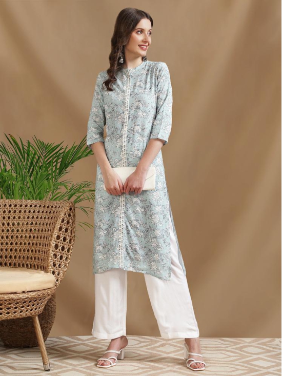 Rangita Women Rayon Light Blue Printed Calf Length A-line Kurti - None