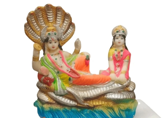 Blissful Polymer Unbreakable Action Lord Vishnu Laxmi Idol Handicraft Statue With Sheshnaag