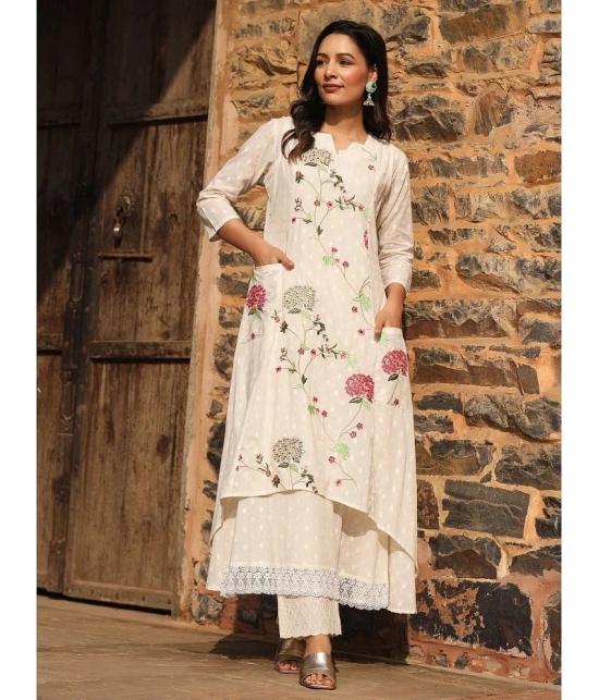 AMIRAS INDIAN ETHNICWEAR 100% Cotton Embroidered A-line Womens Kurti - Off White ( Pack of 1 ) - None