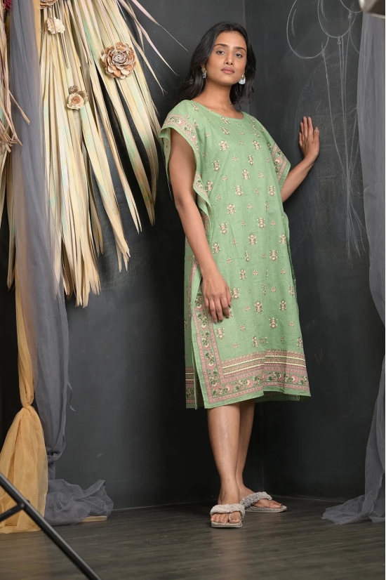 OWO THE LABEL Floral Print Light Green Color Kaftan With Designer Border (OTL-KFTN-1002)-Green / XL